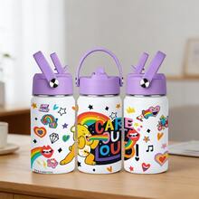 1pc 12oz Portable Leak-Proof Drop-Resistant With Handle Ring 304 Stainless Steel Straw Insulated Tumbler, Energetic Cute American Graffiti Style White Background Rainbow Heart Care Bears Full Print Pattern, Cylindrical Flip Lid Travel Cup, Long-Lasting Cold And Hot Retention, Car And Desk Water Cup, Student School Commute Birthday Valentine's Day Christmas Gift - Multicolor - View 13