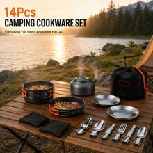 Cepasei 8/14Pcs Camping Cookware Mess Kit, Portable Non-Stick Aluminum Alloy Cookware, Kettle Pot Frying Pan Plates Forks Knives Spoons For Camping, Backpacking, Outdoor Cooking - Orange - View 11