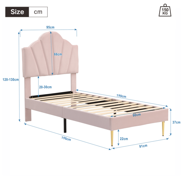 Velvet Upholstered Bed,Single Bed-3ft(90*190cm), Shell-Like Bed With Golden Iron Legs, Wooden Slatted Frame, Upholstered Bench With Storage Space(90x40x42cm),Pink
