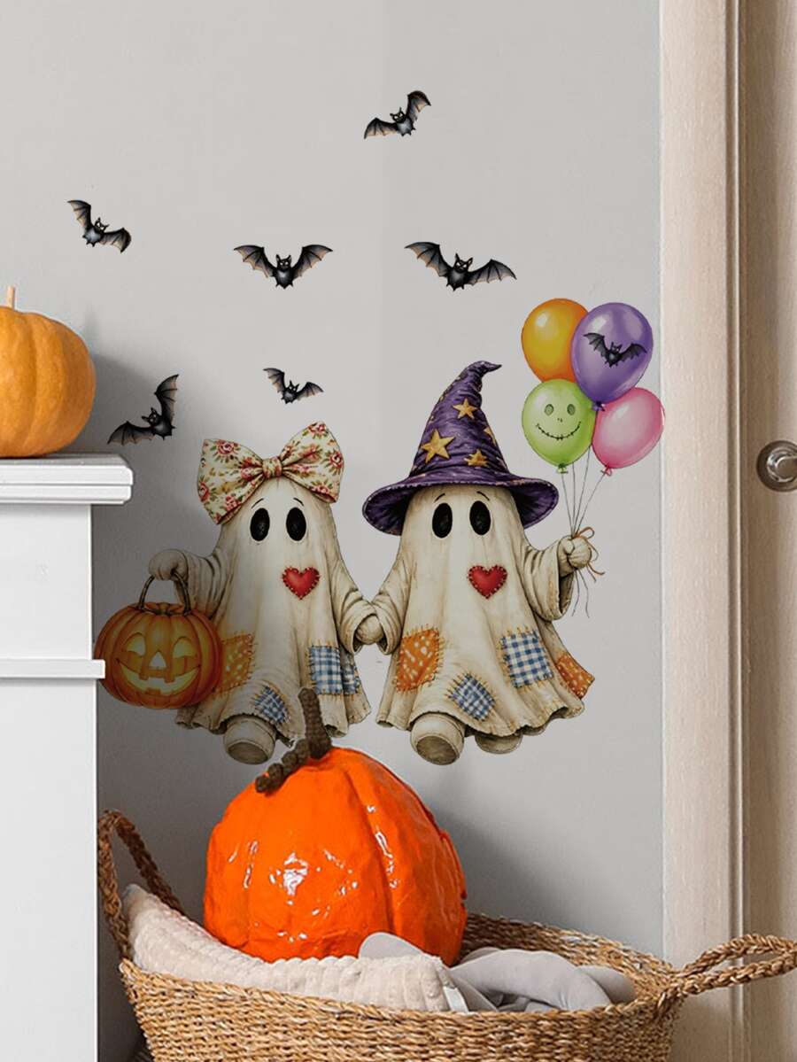 mama look 1pc, 30*40cm, Halloween Wall Sticker, Scary Ghost Holding Balloon And Pumpkin, Surrounded By Flying Bats, Creating Festive Atmosphere, PVC Self-Adhesive Removable, Suitable For Room Door Decoration, Home Wall Decor, Etc. - 1PC - View 1