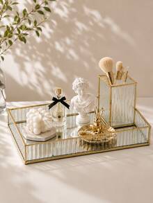 1pc Nordic Luxury Rectangular Striped Glass Storage Tray, Gold Iron Frame With Mirror Glass Bottom, Multi-Functional Vanity Organizer, Suitable For Jewelry, Perfume, Cosmetics, Skincare, Bathroom, Bedroom And Home Decor,Bedroom Room Decor,Back To School - Striped Glass - View 2