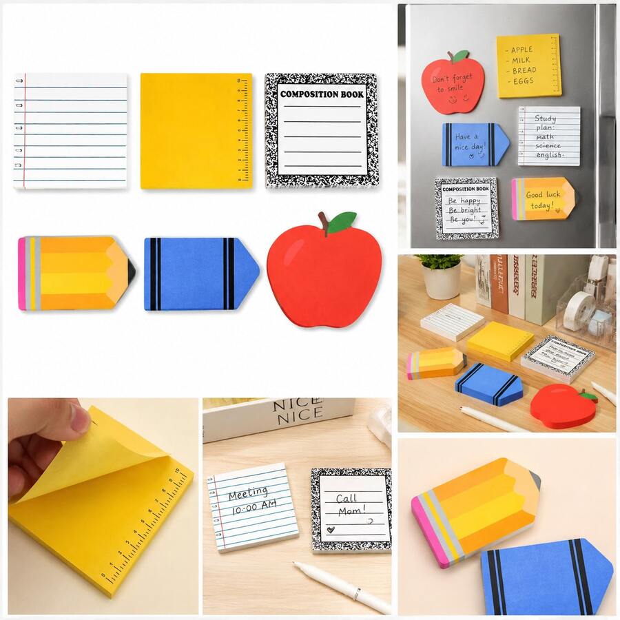 6/12pcs School Theme Sticky Notes Set, 6 Fun Shapes, 3pcs Each, Square Ruler Sticky Notes, Apple Shaped Sticky Notes, Essay Stationery Style Sticky Notes, Suitable For Note-Taking, Reminders, Planning, Office, Study And Back To School Supplies - Irregular Shape - View 1