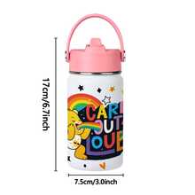 1pc 12oz Portable Leak-Proof Drop-Resistant With Handle Ring 304 Stainless Steel Straw Insulated Tumbler, Energetic Cute American Graffiti Style White Background Rainbow Heart Care Bears Full Print Pattern, Cylindrical Flip Lid Travel Cup, Long-Lasting Cold And Hot Retention, Car And Desk Water Cup, Student School Commute Birthday Valentine's Day Christmas Gift - Multicolor - View 10