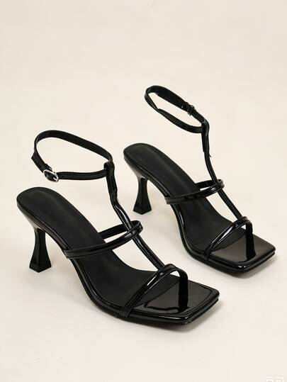 Sandal cao gót nữ 2026 mới mũi vuông quai chữ T, nhiều quai mảnh điều chỉnh được với khóa kim loại, quai cổ chân, gót vuông loe, giày tối giản cho mùa hè, hộp đêm và tiệc tùng