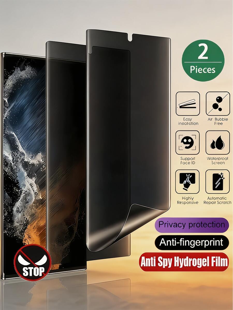 2 st anti-spion hydrogelfilm med full täckning för mobilskärm, kompatibel med Galaxy S26/ 17T Poco M7 Note 15 Pro Pro/ 17/Honor 600, integritetsskydd för kontor/tunnelbana, explosionsskyddad, reptålig, anti-spion, enkel installation, automatisk repa-reparation, skyddsfilm, stöder inte fingeravtrycksläsning [mjuk film, ej glas]