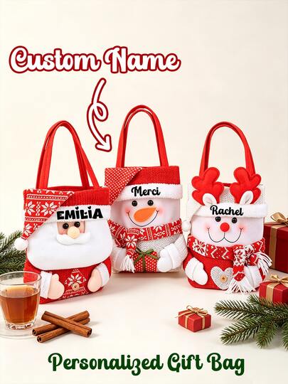 Bolsa de regalo de Navidad personalizada con dibujos animados y nombre, bolsa de tela de Navidad, bolsa de regalo grande de Papá Noel personalizada, decoración de Navidad personalizada 2026, bolsa de regalo de vacaciones, caja de dulces de manzana de Nochebuena, decoración de Navidad, adorno de Navidad