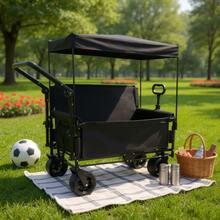 3-In-1 Folding Wagon Cart With Bench Seat & Detachable Canopy, Black Steel Frame - default - View 4