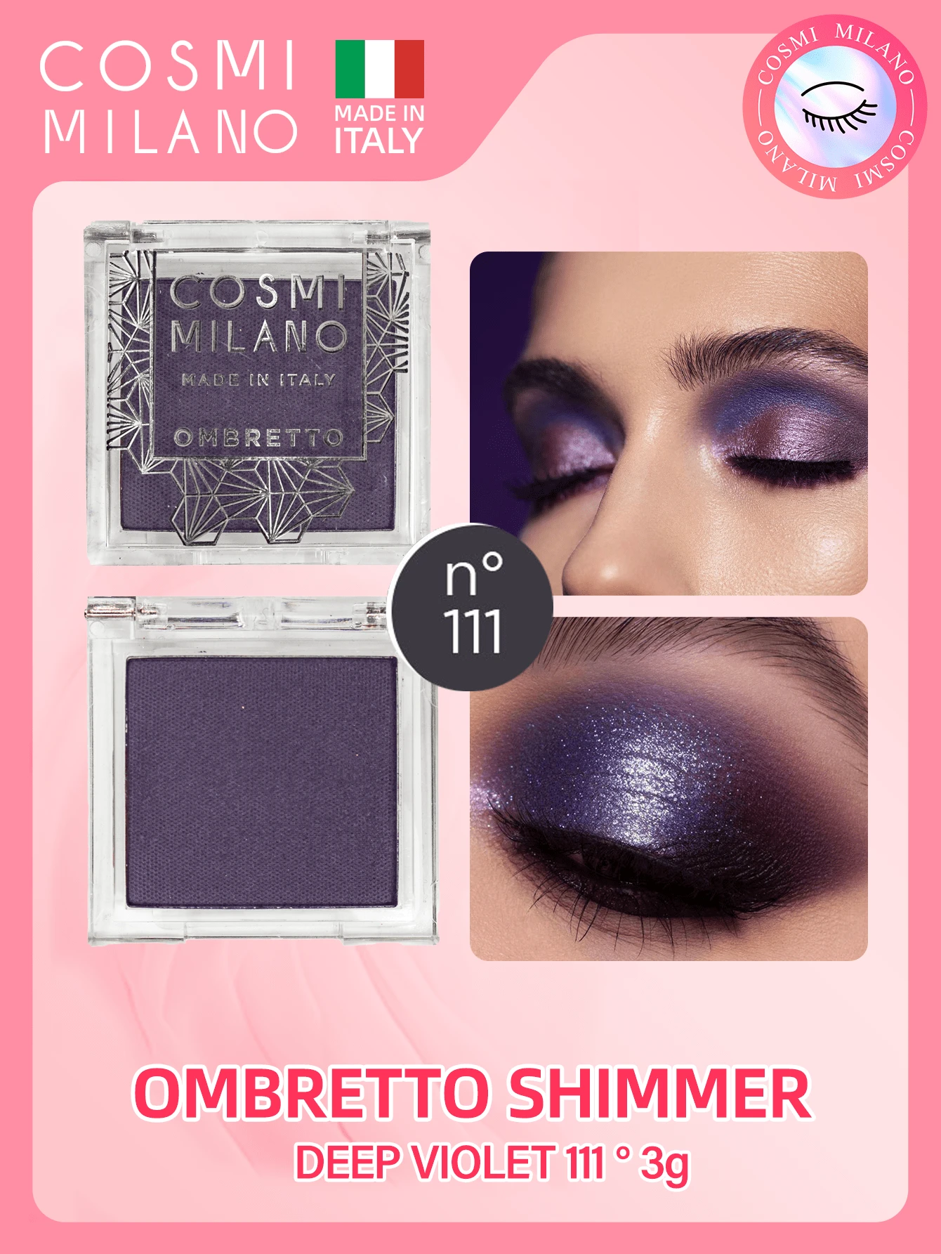 COSMI MILANO Made In Italy Holographic Shimmer Single-Color Eyeshadow Ultra Fine Pigments Three-Dimensional Iridescence Effect, Easy To Apply Without Flaking Long-Lasting Essential Eye Make-Up For Women Ideal Spring Summer Gift Birthday Party Daily Look And Event - 深紫色 - 查看 1