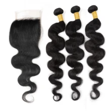 BingShang Body Wave 3 Bundles With Closure Brazilian 12A Unprocessed Virgin Human Hair 4x4 Free Part Closure Body Wavy Human Hair Bundles With Closure Natural Color Free Part HD Lace Transparent - 1B - View 18