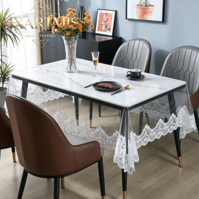 1Pc Transparent PVC Lace Trimmed Tablecloth, Waterproof, Oil-Proof, Scratch-Res…