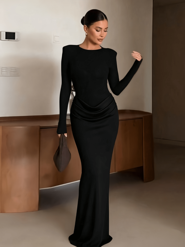 Elegant Black Long Sleeve Round Neck Pleated Satin Dress