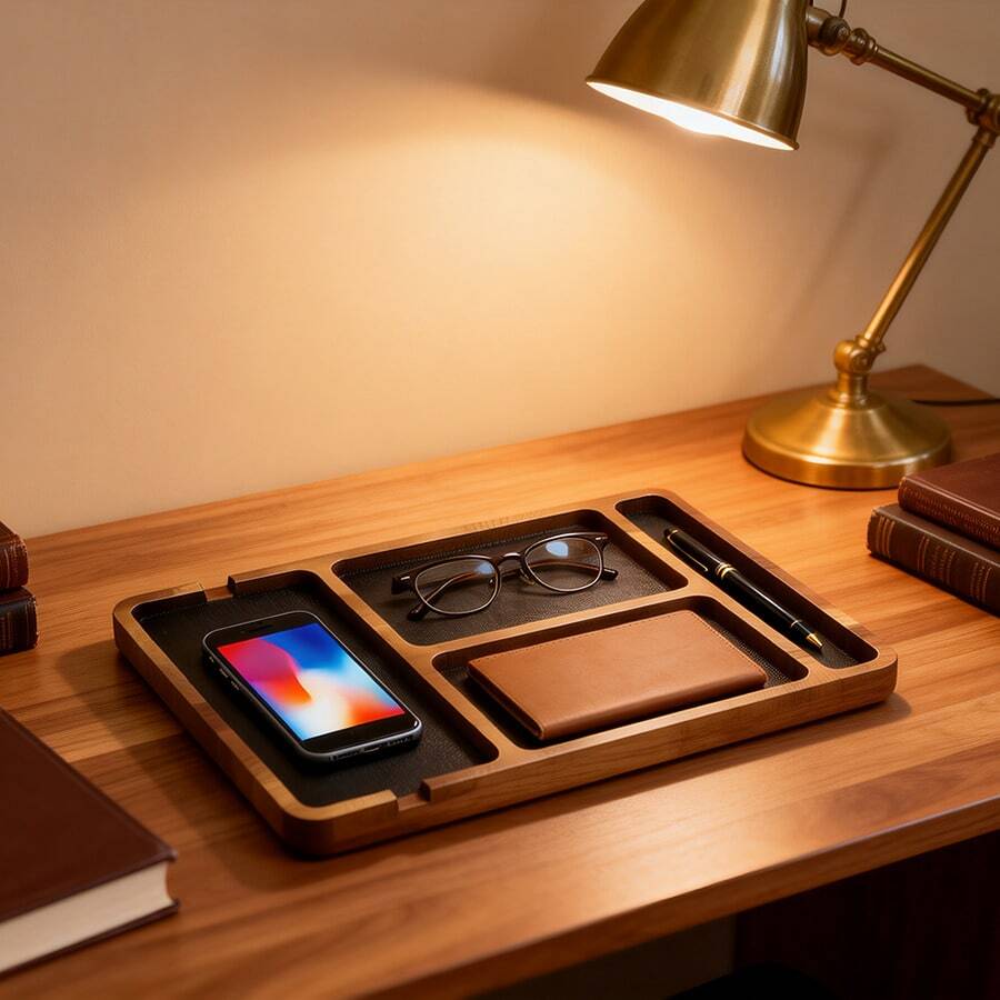 "1pc Wooden Desktop Organizer - Solid Wood Multi-Compartment Storage Box For Glasses/Phone/Earphones, Office Desk Tray With Dividers" - Multicolor - View 1