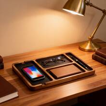 "1pc Wooden Desktop Organizer - Solid Wood Multi-Compartment Storage Box For Glasses/Phone/Earphones, Office Desk Tray With Dividers" - Multicolor - View 6