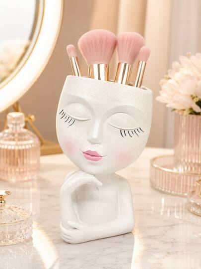 Cute Face Makeup Brush Holder, Resin Cosmetic Storage Box, Vanity Decor, Desktop Pen Holder, Bathroom Countertop Organizer, Vanity Accessories, Beauty Tool Rack, Makeup Lover Gift, Bedroom Shelf Decor, Home Decor