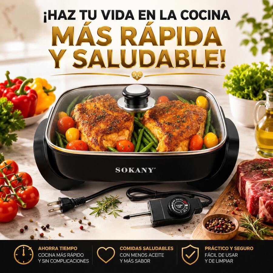 Sartén Eléctrico Profesional Sokany 6L, Ultraligero Y Portátil, Antiadherente Multifuncional De 1500W. Tapa De Vidrio Tipo Horno, Temperatura Ajustable, Ideal Para Cocinar Freír, Hervir Y Más Negro - Tipo de Enchufe A Japonés (100V) - Ver 1
