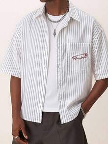 Men's Printed Street Style Striped Short Sleeve Shirt - White - View 7