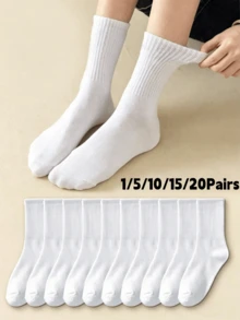 1/5/10/15/20 Pairs Women's All-Season Mid-Calf Socks, Solid Color, Suitable For Daily Wear, Soft And Comfortable, Casual Fleece Style, Back To School Season - White - View 1