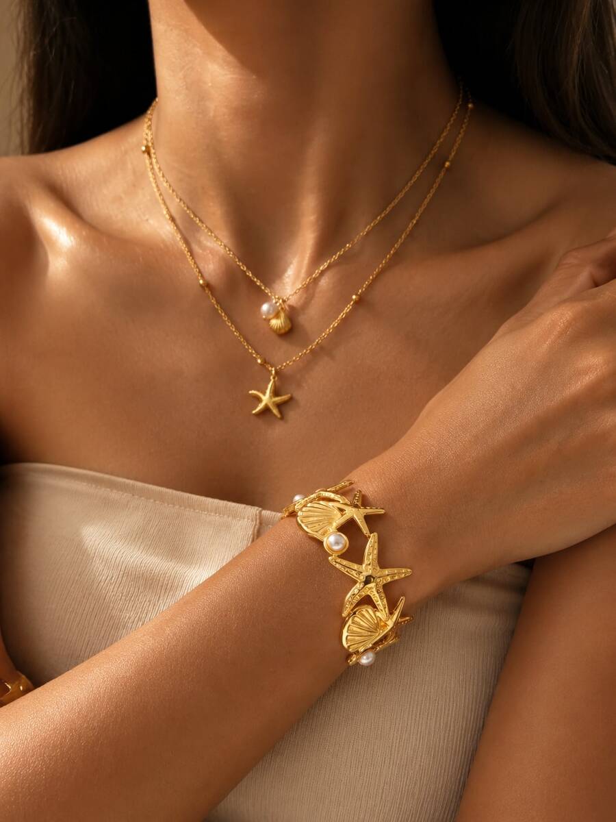 VceTd 1/2PCS Ocean Vacation Style Stainless Steel Women's Jewelry Set With Starfish Decoration, Suitable For Daily Wear Or Beach Vacation - Yellow Gold - View 1