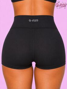 Q-AND QAND 1pc Women's Black High Waist Yoga Shorts, Nylon Elastic Tummy Control Cycling Shorts Sports Summer - Black - View 7