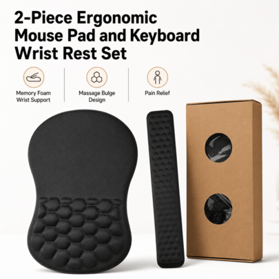 2-Piece Ergonomic Mouse Pad And Keyboard Wrist Rest Set, Memory Foam Wrist Support With Massage Bulge For Pain Relief, Topographic Contour Laptop Desk Accessory