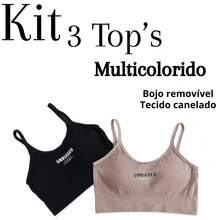 Kit 3 Sutiã Top Sem Costura Poliamida Canelado Confortável Alta Sustentação Dia a Dia Academia - Multicolorido - Visão 2