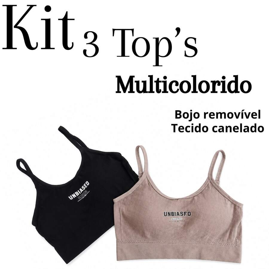 Kit 3 Sutiã Top Sem Costura Poliamida Canelado Confortável Alta Sustentação Dia a Dia Academia
