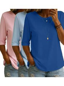 Women's Basic Short Sleeve Round Neck Knit T-Shirt, Regular Fit Slightly Elastic Top Casual Summer - Royal Blue + Light Pink + Light Blue - View 5