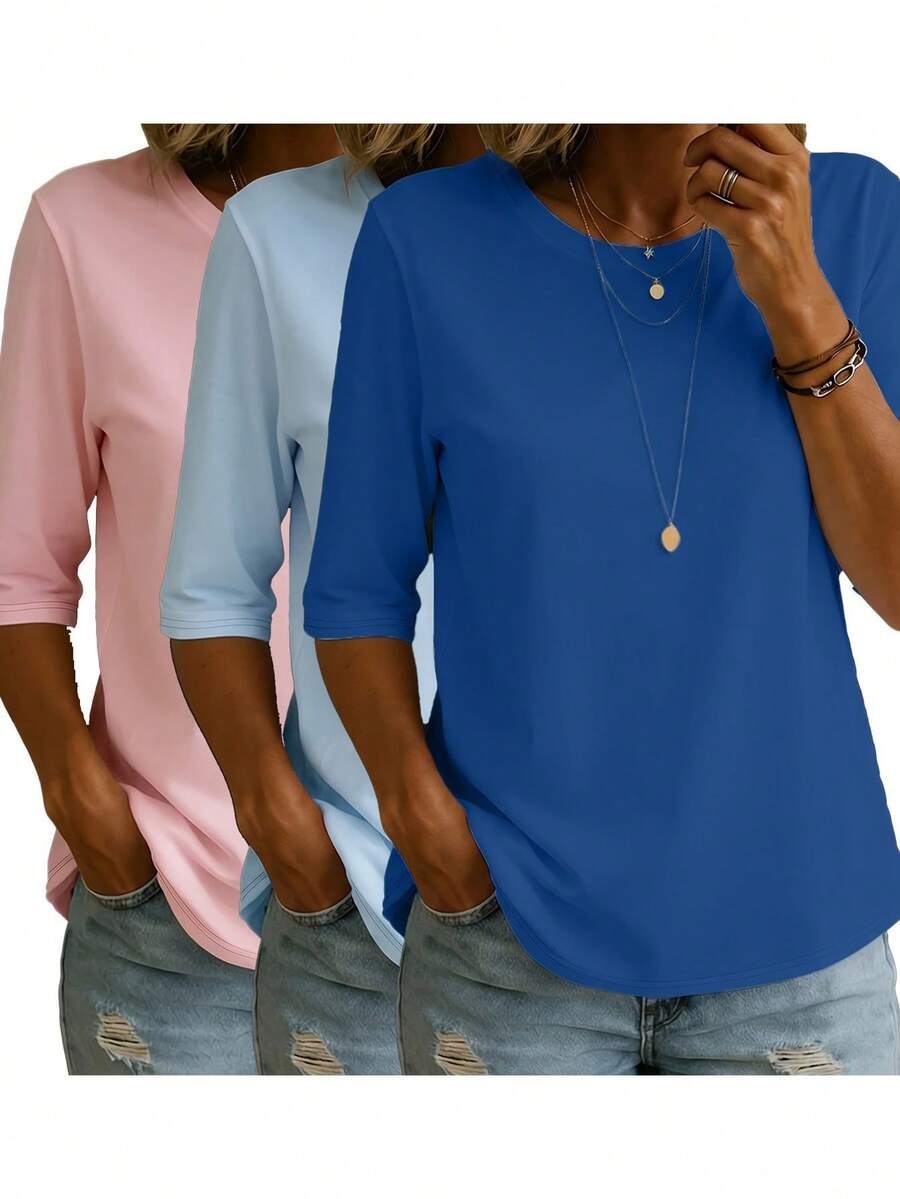Women's Basic Short Sleeve Round Neck Knit T-Shirt, Regular Fit Slightly Elastic Top Casual Summer