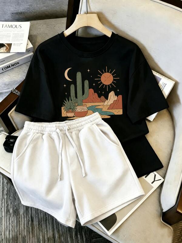 Camiseta+mujer shorts,Camiseta estampada para mujer con cactus verde y plantas suculentas en maceta, diseño de sol, luna y estrellas, estilo retro centrado