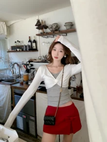 Spring/Autumn Korean Style Striped Long Sleeve T-Shirt For Women, Design Contrast Color V-Neck Knot Base Layer Top, 2 In 1 - White - View 9