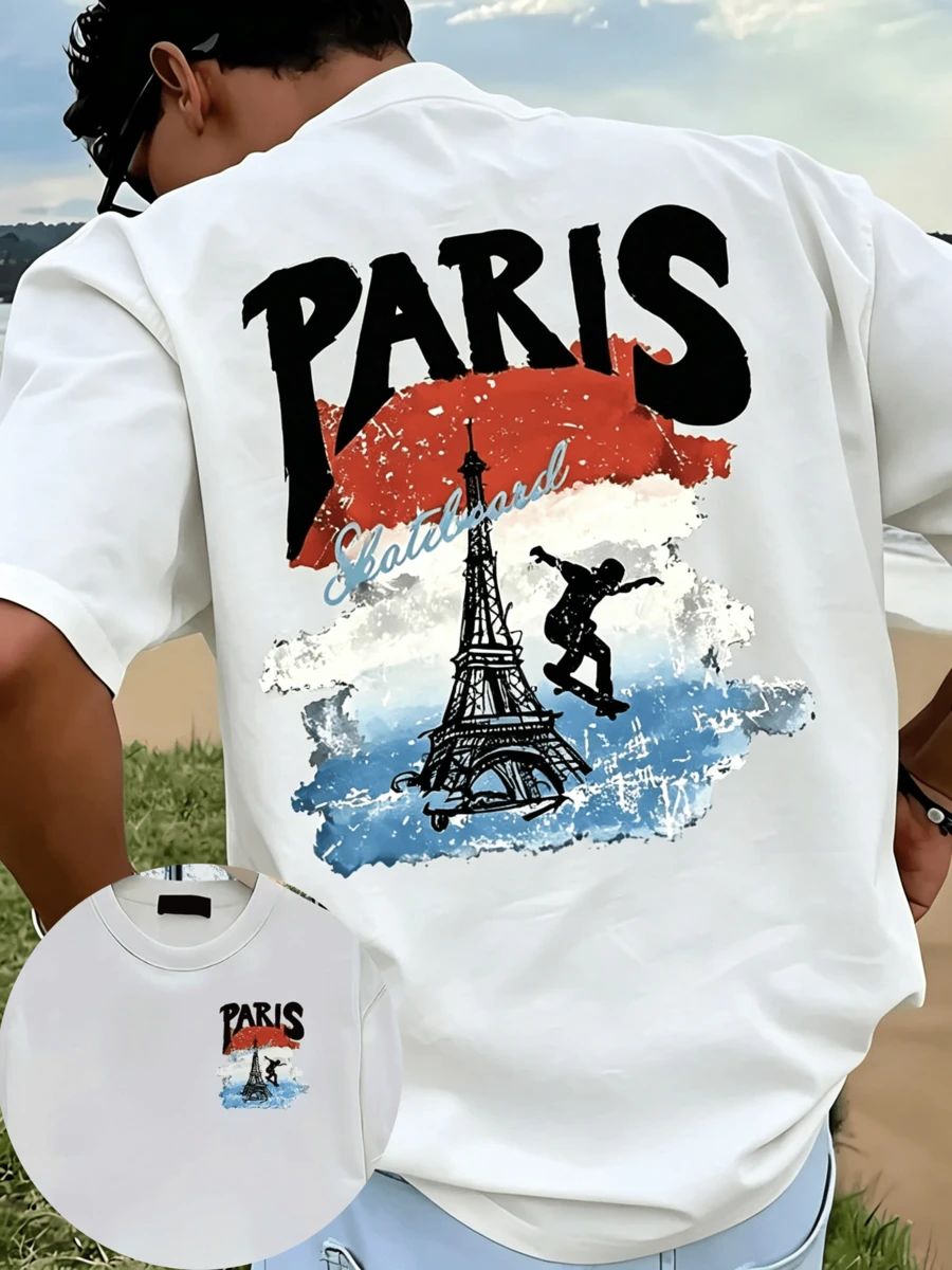 Men's 100% Cotton T-Shirt - Paris Skateboard Design, Relaxed Fit, Short Sleeves, Casual Top With Eiffel Tower Motif, Everyday T-Shirt | Men's Summer C - White - View 1