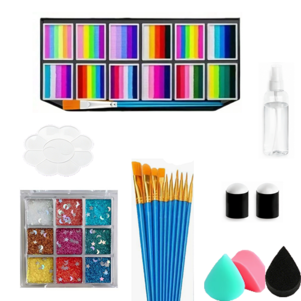 Watercolor Paint Palette With Tattoo Stickers, Gem Stickers, Finger Brush, Sponge Brush Set, Large Capacity Detachable Rainbow Colors, With 10 Brushes, 3 Colors Sponges And Glitter, Suitable For Rainbow Carnival, Halloween, Christmas, Holiday Party, Carnival, Party, School Supplies, Office Supplies