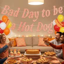 Gingham BBQ Party Banner Garland, "Bad Day To Be A Hot Dog" Checkered Letter Bunting With Cartoon Hot Dog Cutouts, Summer Picnic Backyard Barbecue Hanging Wall Decor,Holiday Atmosphere Props,Party Props, Party Favors,Celebration Props(Red White) - A - View 7