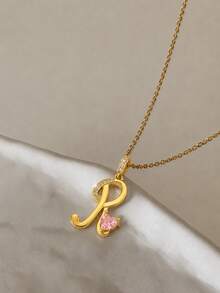 1pc Y2K Personalized 3D Letter Pendant Necklace Gold Tone Sparkly Pink Heart Charm 70cm Long Chain Statement Jewelry For Women & Girls Birthday Gift - Gold - View 2