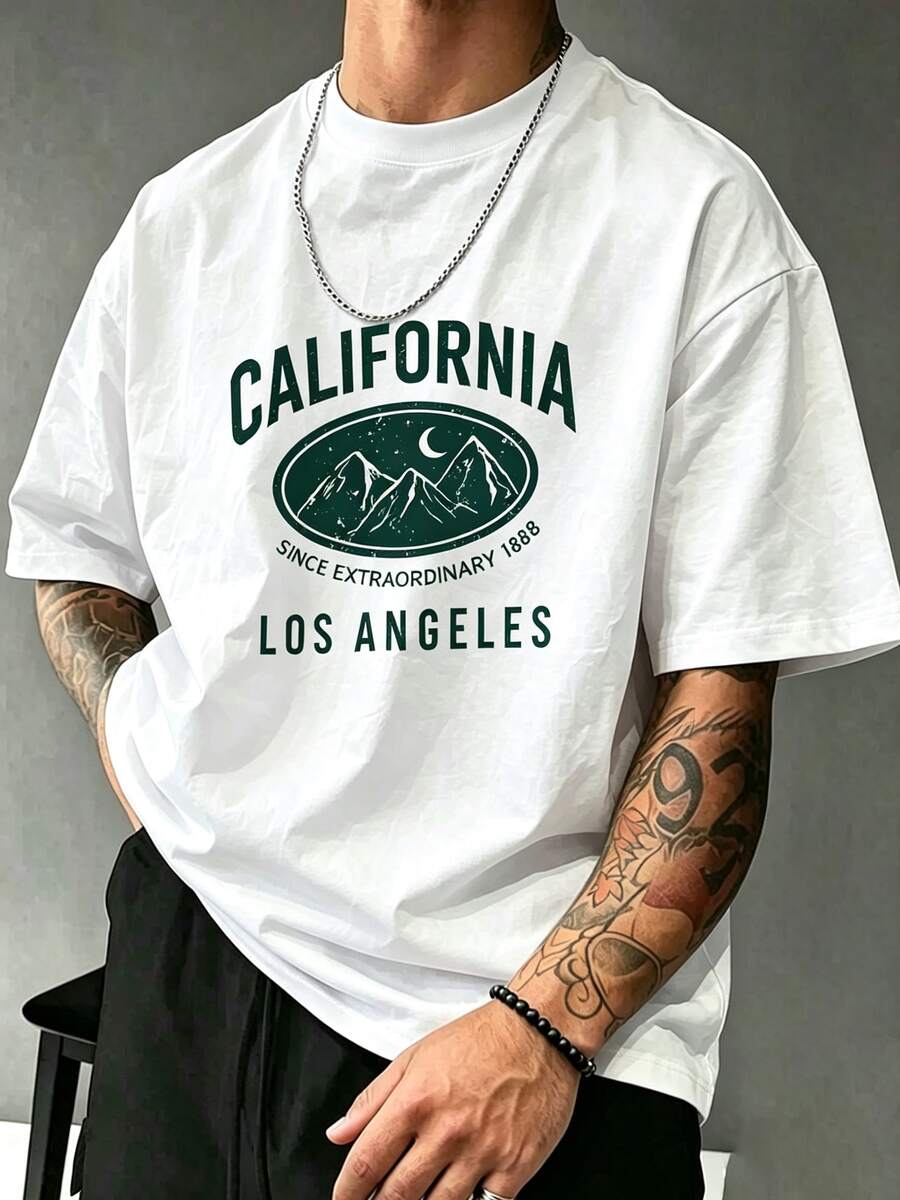 Men's Round Neck Letter Pattern T-Shirt Casual Versatile Daily Wear Travel Short Sleeve Vacation - 魏斯 - 查看 1