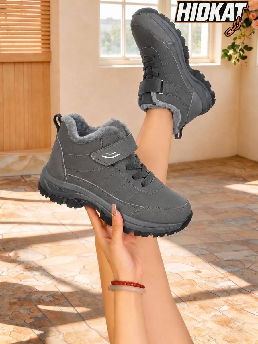 Hidkat Women's Outdoor Fleece Snow Boots, Anti-Slip Waterproof, Warm And Comfortable; 2026 New Ankle Boot Style, Thickened Fleece Lining, Mid-Heel Ankle Boots - Grey - View 1