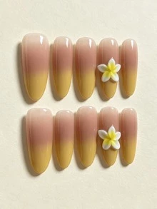 10 Peças Unhas Postiças Feitas à Mão, Unhas Falsas Amêndoa Degradê Amarelo Nude com Encantos de Flor de Plumeria 3D, Pontas de Unhas Falsas Ombré Brilhante de Cobertura Total, Unhas Artificiais Reutilizáveis para Manicure Diária de Praia e Verão para Mulheres, Inclui Conjunto de Lixa de Unha, Cola e Adesivo - Multicolorido - Visão 2