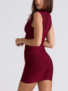 Gaun Pendek Bodycon Elegan dengan Leher Bulat Berongga dan Pinggang Terikat - Burgundy - View 3