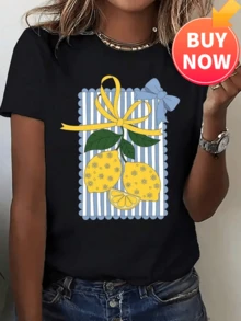Summer T-Shirts Women Lemon Striped Print Short Sleeve Tee Unisex - Black - View 1