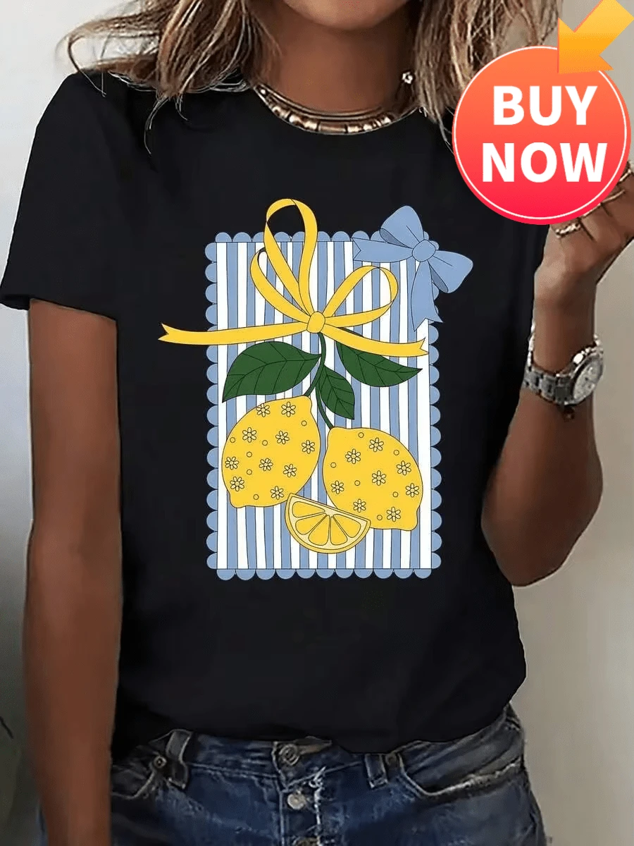 Summer T-Shirts Women Lemon Striped Print Short Sleeve Tee Unisex - Black - View 1