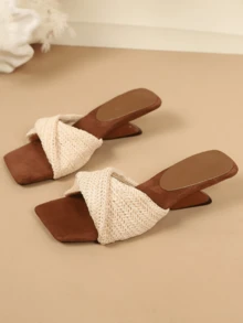 Sandal cao gót nữ đế xuýt bất đối xứng, gối mềm phối màu patchwork họa tiết dệt thắt nút, phù hợp đi làm, đi biển, hẹn hò và nhiều dịp - Màu be - Xem 1