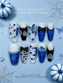 nailrosy 10 Pairs Handmade Press-On Short Coffin Nails | Deep Green & Gold 3D Butterfly Decor Gothic Luxury Reusable Party Nails For Girls Evening Wear With Gift Box - Multicolor - View 10