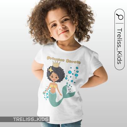 Camiseta Princesa Sereia Negra Black Infantil Camisa Algodão Kids Moda Básica Desenho Menina Criança Linda Fofa