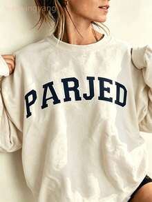 Women's Casual Letter Print Oversized Pullover Sweatshirt, Loose Fit Crew Neck Long Sleeve Hoodie, Fall Outfits For Airport, Back To School,Unisex-L91 - 杏色 - 查看 12
