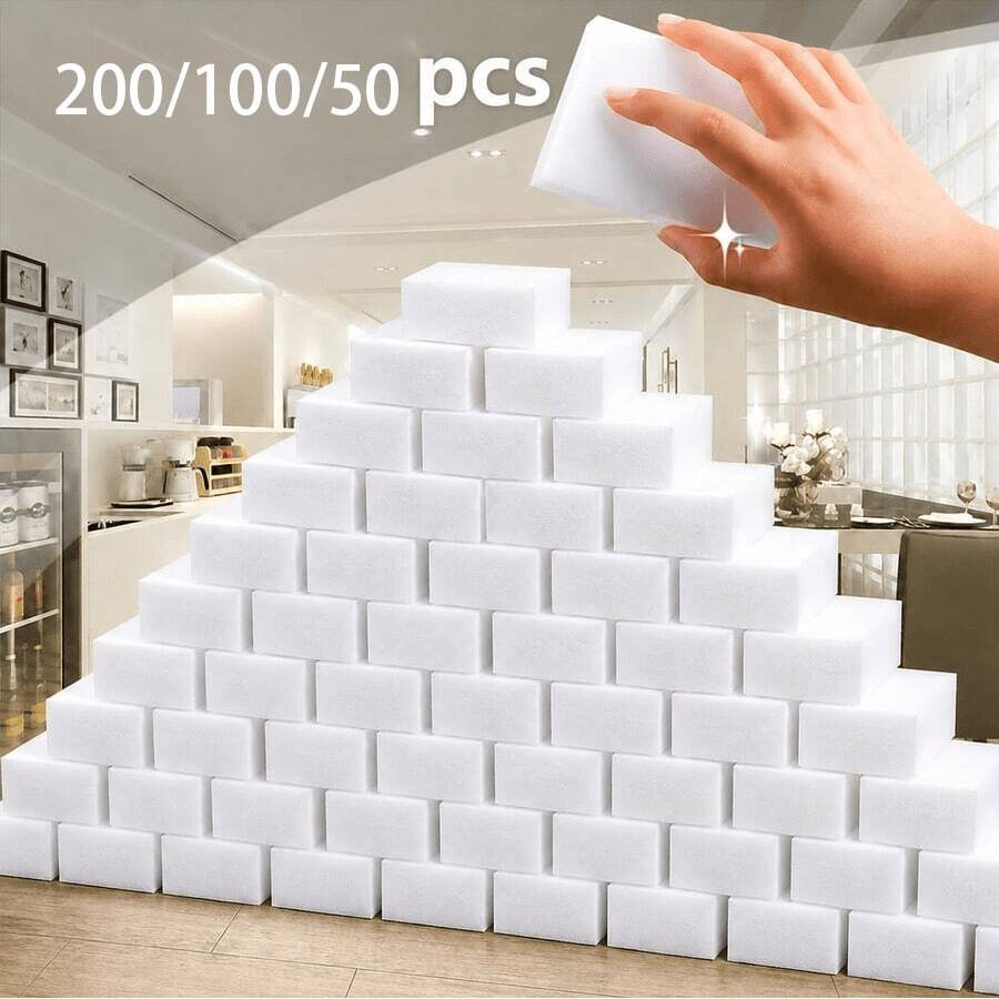 200/100/50pcs Magic Sponge Erasers, White Foam Cleaning Pads, Suitable For Kitchen, Bathroom, Tableware, Furniture, Walls, Ideal For Home Users, Households, Dorms, Multi-Functional Household Cleaning Sponges, Holiday Home Refresh And Seasonal Gift Choice