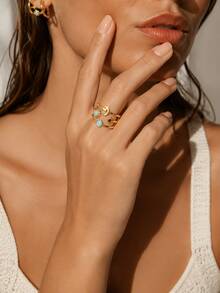 1pc Fashionable Stainless Steel Ring For Women With Enamel Craft Geometric Design, Suitable For Daily Wear - Yellow Gold - View 5