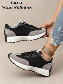 Women's Lightweight Running Athletic Shoes, Lace-Up Closure, Multi-Function Flat Sole, Breathable Stitching Design, Multiple Colors Available, All-Season Outdoor Shoes - Black - View 5