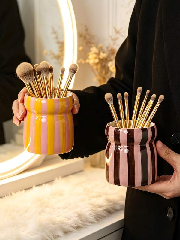 Hand-Painted Vertical Striped Ceramic Makeup Brush Holder, Glossy Curved Waist Porcelain Pen Storage Tube, Multi-Functional Vanity Cosmetic Organizer Cup, Bathroom Vanity Desk Aesthetic Decor, Vintage Home Ornament, Gift For Women And Girls