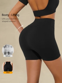 1pc Women's Seamless Lifting And Shaping Gym Shorts Black Summer Biker Shorts, Going Out - Black - View 1