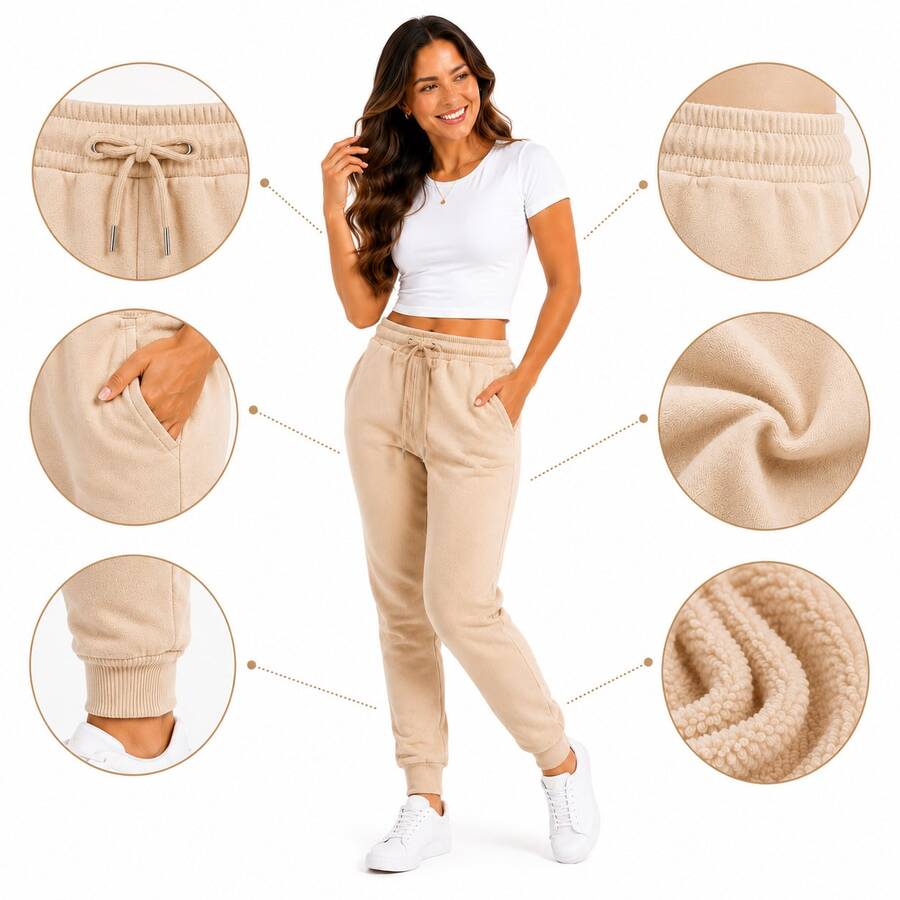 Thick Cotton Jogger Sweatpants With Pockets, Comfortable Style, Elastic Waistband. - Krem - View 1
